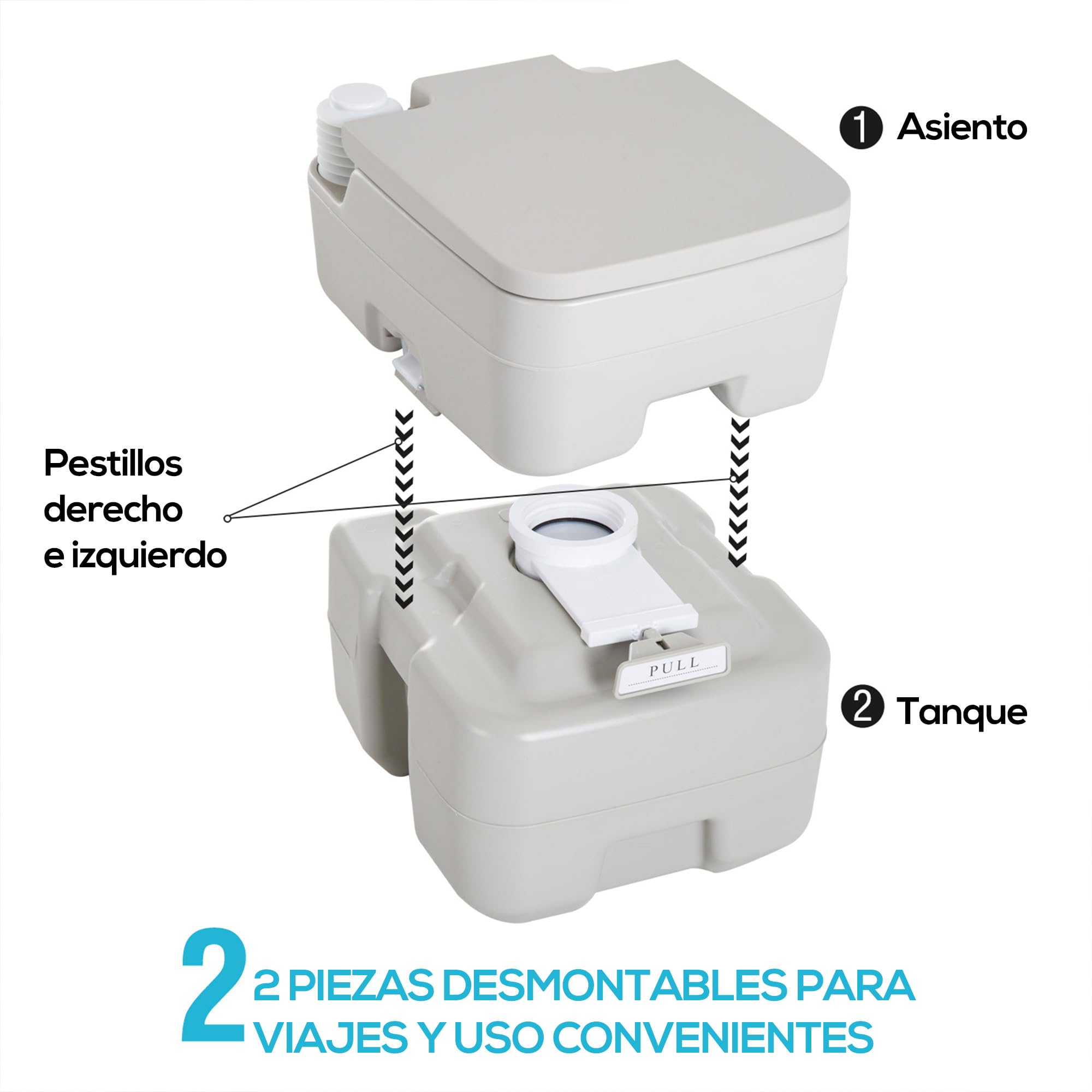 HOMCOM Inodoro Portátil Químico Baño Móvil WC 20L con Extraíble Tanque de Aguas Residuales y Tanque de Agua para Camping Viaje Ancianos Caravana Barco con Cisterna Carga 147 kg 41,5x36,5x42 cm HDPE