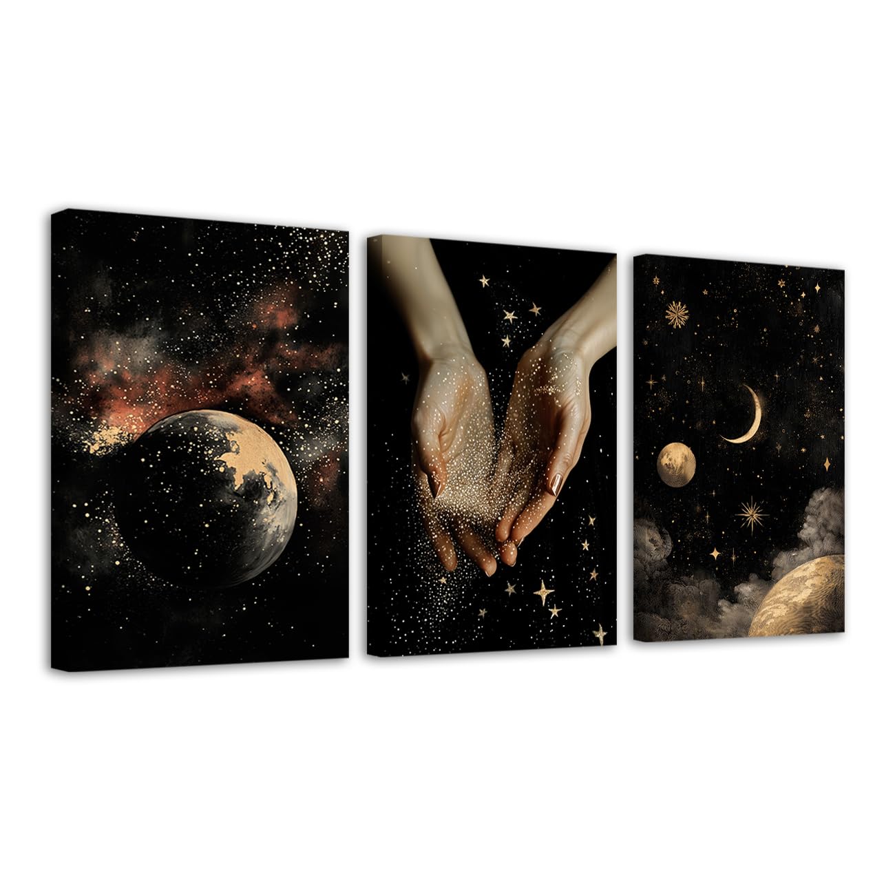 CXHOSTENT Celestial Canvas Wall Art 3 Pcs Hand Full of Stars with Moon Picture Mystical Moonlight Prints Night Star Landscape Wall Decor for Bedroom Framed (24x36inchx3 Pieces)