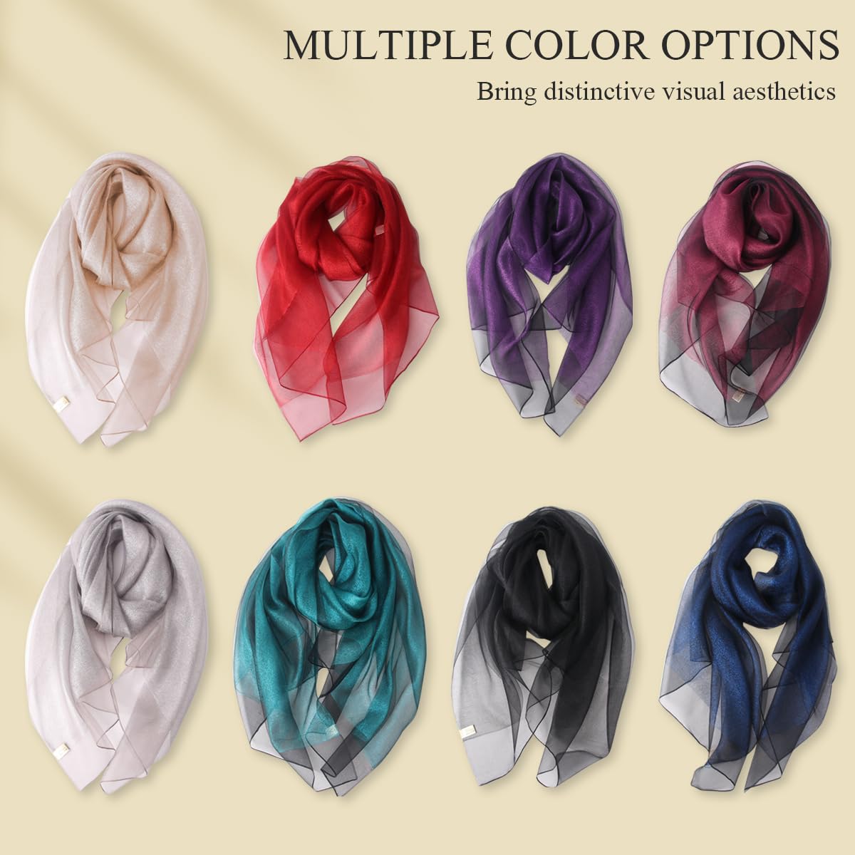 LumiSyne Foulard En Soie Organza à Double Épaisseur Femme Scintillants Écharpes Et Châles Pour Robe De Soirée Couleur Unie Avec Fil Dorée Tulle Léger Étole Magnifique Pour Mariage Mariée Fêtes