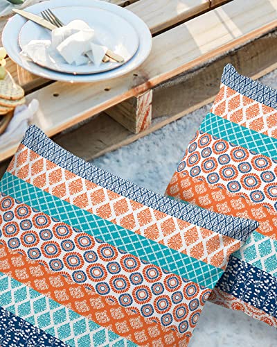Teal Orange Striped Outdoor Pillow Covers Waterproof, Boho Modern Geometric Abstract Art All Weather Cushion Case Set of 2, Decorative Pillowcases for Sofa Couch Bed Decor Patio Furniture 20