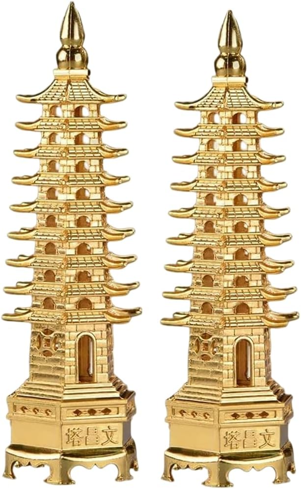 5.1''2 Pack Alloy Fengshui 9 Level Pagoda Wenchang Tower Statue Office Home Desk Decor Artifacts Attract Career Fame Academic Wisdom Education Luck
