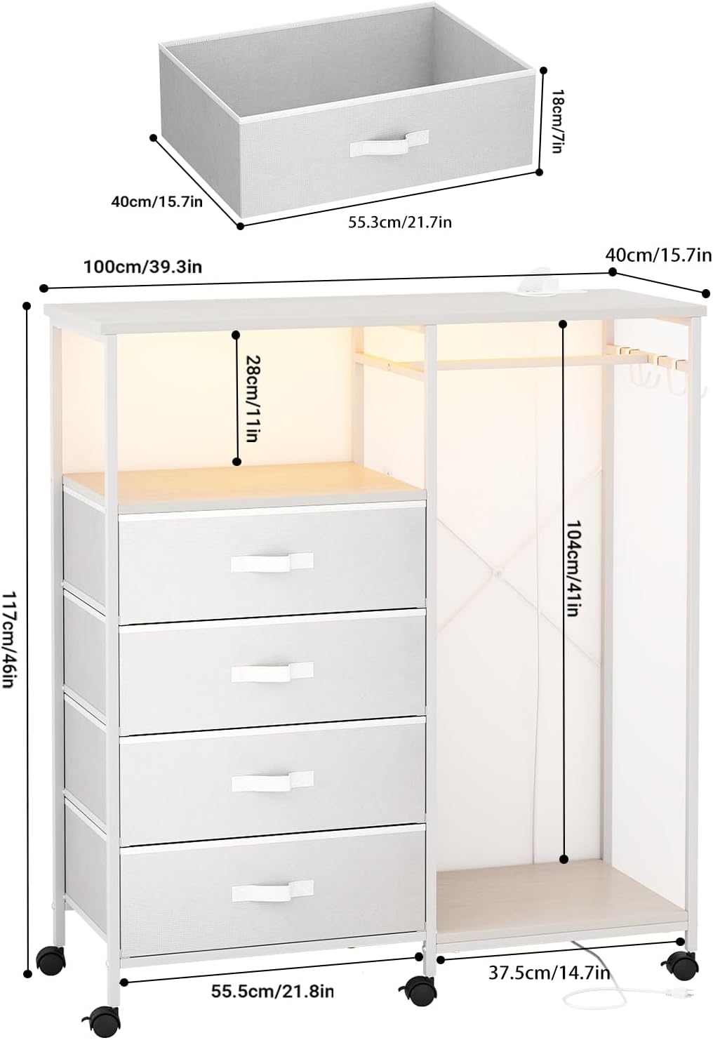 Fabric Dresser with Clothes Rack, 4 Drawers Dresser for Bedroom with Charging Station and LED Lights, Chest of Drawers with Wheels, Steel Frame, Wood Top, for Bedroom, Closet, White