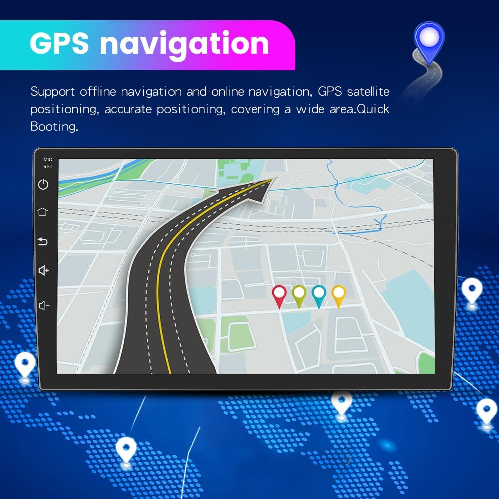 Car radio screen displaying GPS navigation map with route and location pins