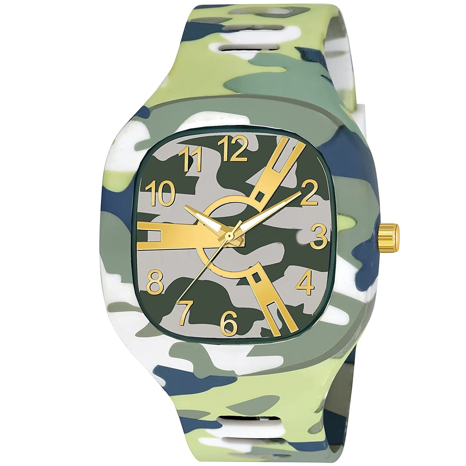 Truvic Army Dial Camouflage Print Strap Square Dial Analogue Wrist Watch for Men, Women and Boys (Green-Grey)