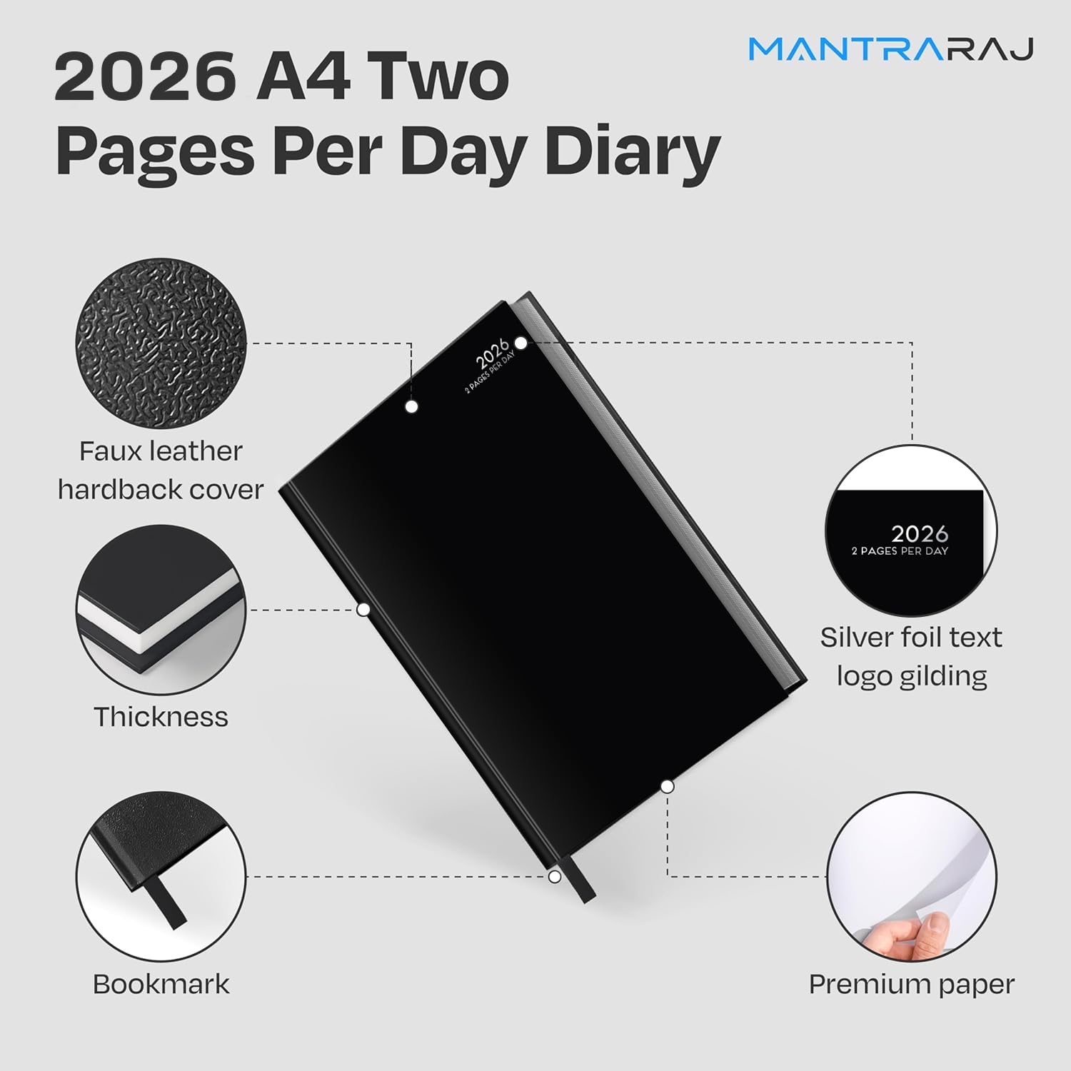 MantraRaj, agenda 2023, formato A4, 2 pagine al giorno, agenda per appuntamenti, agenda da ufficio, lavoro, casa, viaggi, organizzazione, appuntamenti (nero)