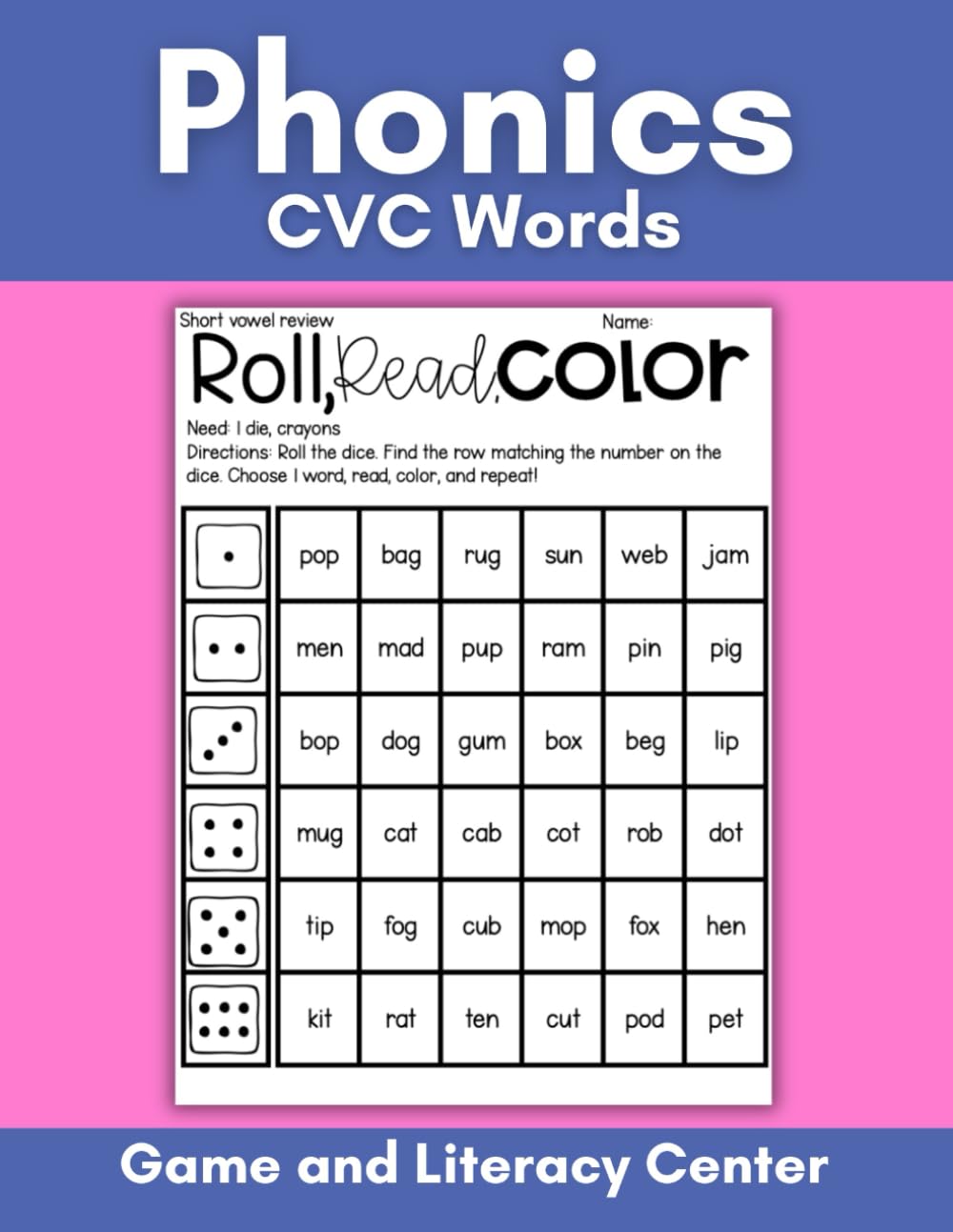 Short Vowel CVC Words Phonics Game and Literacy Center: Phonics Roll and Read Game for Kids