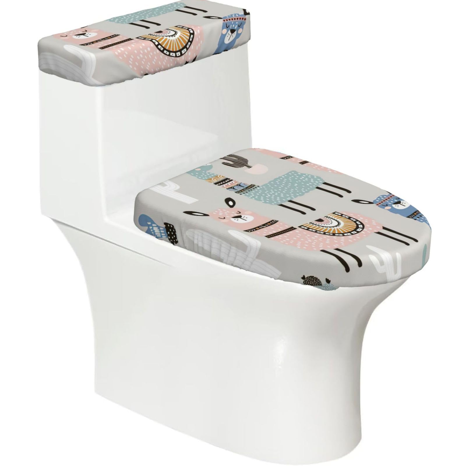 Llama Cactus Print Stretch Toilet Covers Set, Polyester Covers Replacement For Fits Most Size Lids Bathroom Decor