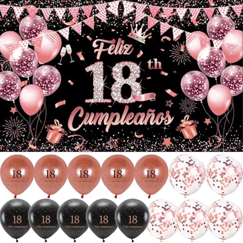 Decoración para Cumpleaños 18 Escrita en Español 1 Pancarta Feliz Cumpleños 18 Photocall 18 Cumpleaños Decoración 18 Años Negro Rosa Happy Bithday Fondo Cartel con 30 Globos para Cumpleaños