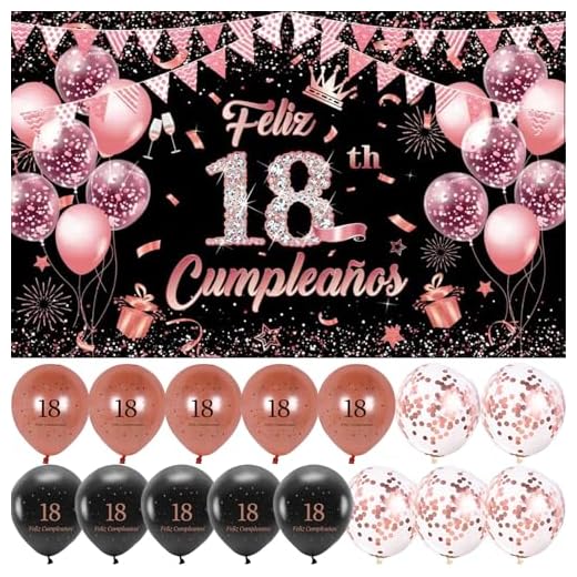 Decoración para Cumpleaños 18 Escrita en Español 1 Pancarta Feliz Cumpleños 18 Photocall 18 Cumpleaños Decoración 18 Años Negro Rosa Happy Bithday Fondo Cartel con 30 Globos para Cumpleaños