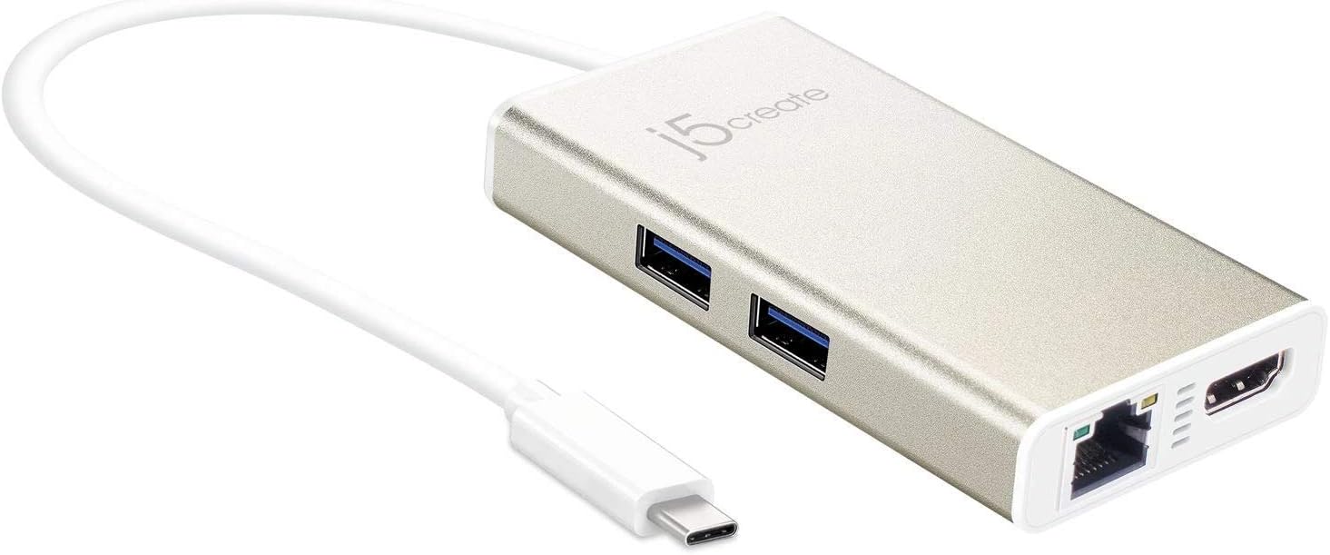 j5 create JCA374 USB Type-C HDM RJ-45 Multi Adapter - Gold/White