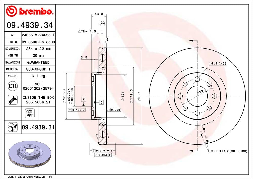 Brembo 09.4939.31 - Disco Freno con Verniciatura UV (Set di 2) - Anteriore