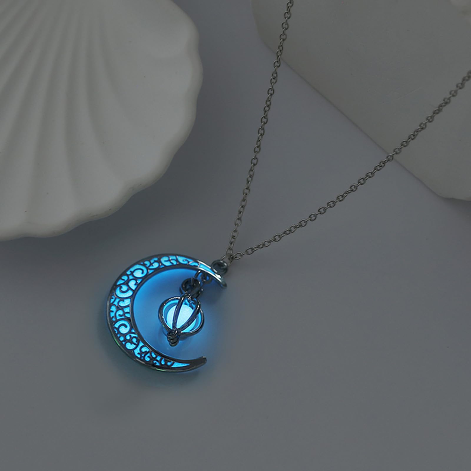 EEQQBZ Glow in The Dark Silver Crescent Moon and Orb Necklace - Glowing Blue Moon Charm - Magical Fantasy Fairy Glowing Necklace - Glow Jewelry (sky blue)