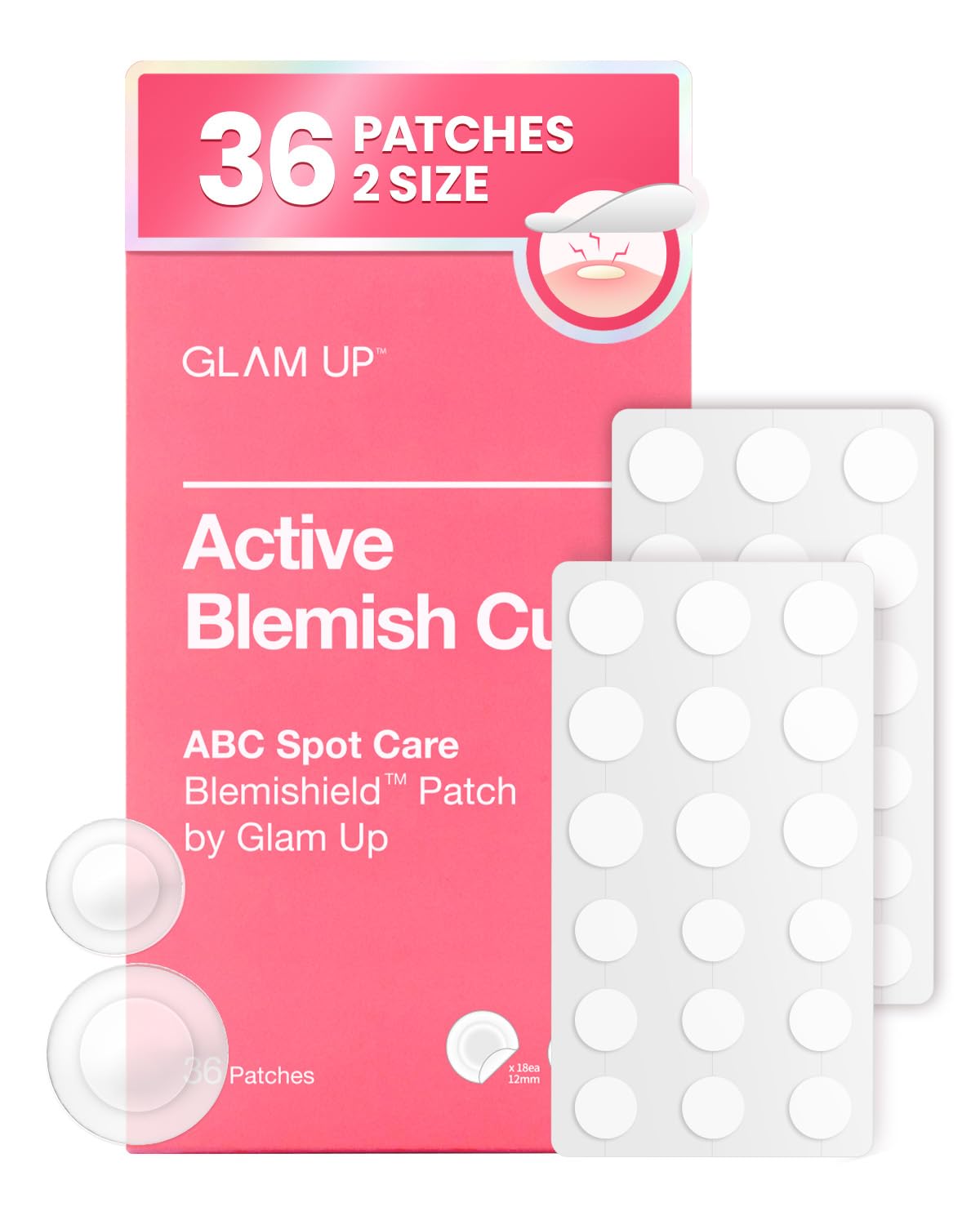 GLAM UP Pimple Patch - Hydrocolloid Blemish Pimple Patches | Invisible Ultra Thin Spot Cover Stickers for Face and Skin, Strong Water-proof and Adhesive Overnight, Vegan-friendly (36 Count / 2 Sizes)