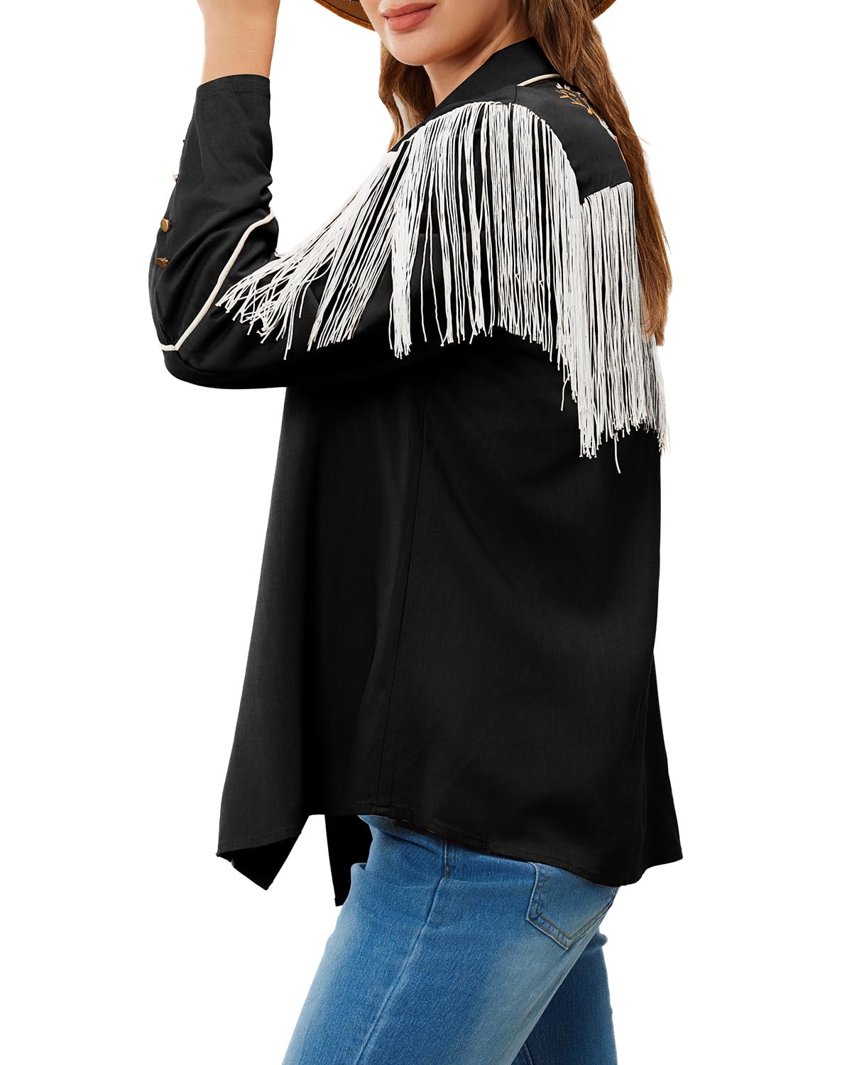 JOHN MOON Women's Floral Embroidered Fringe Western Shirts Rodeo Cowgirl Button Down Blouse Tops Country Style Outfits