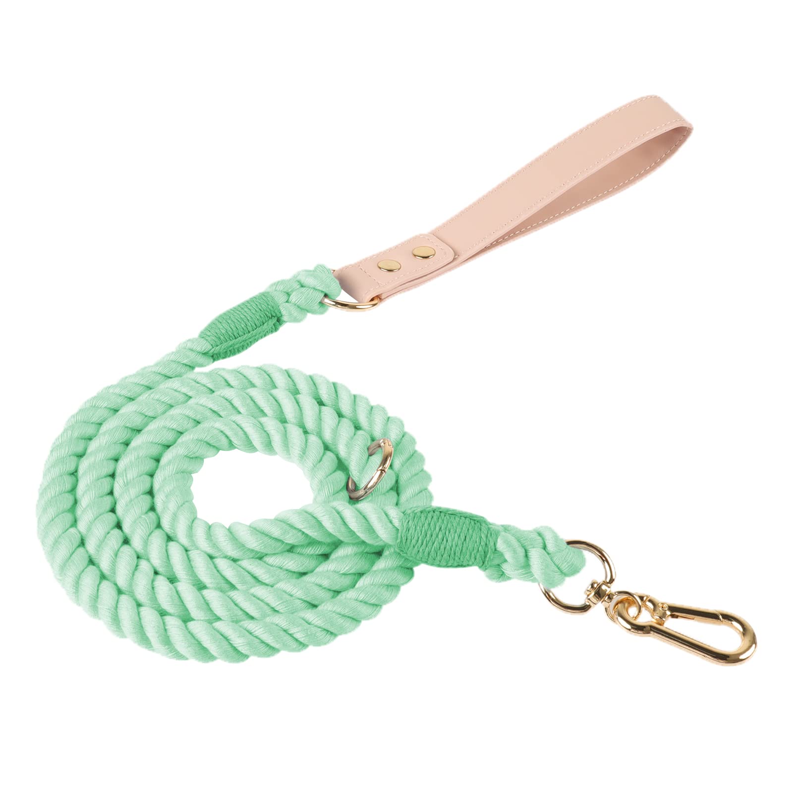 Lucky Monet 5FT Cotton Dog Leash - Ombre Rope Leash with Comfortable PU Leather Handle and Durable Hook Clasp for Small, Medium & Large Dogs - Mint Green