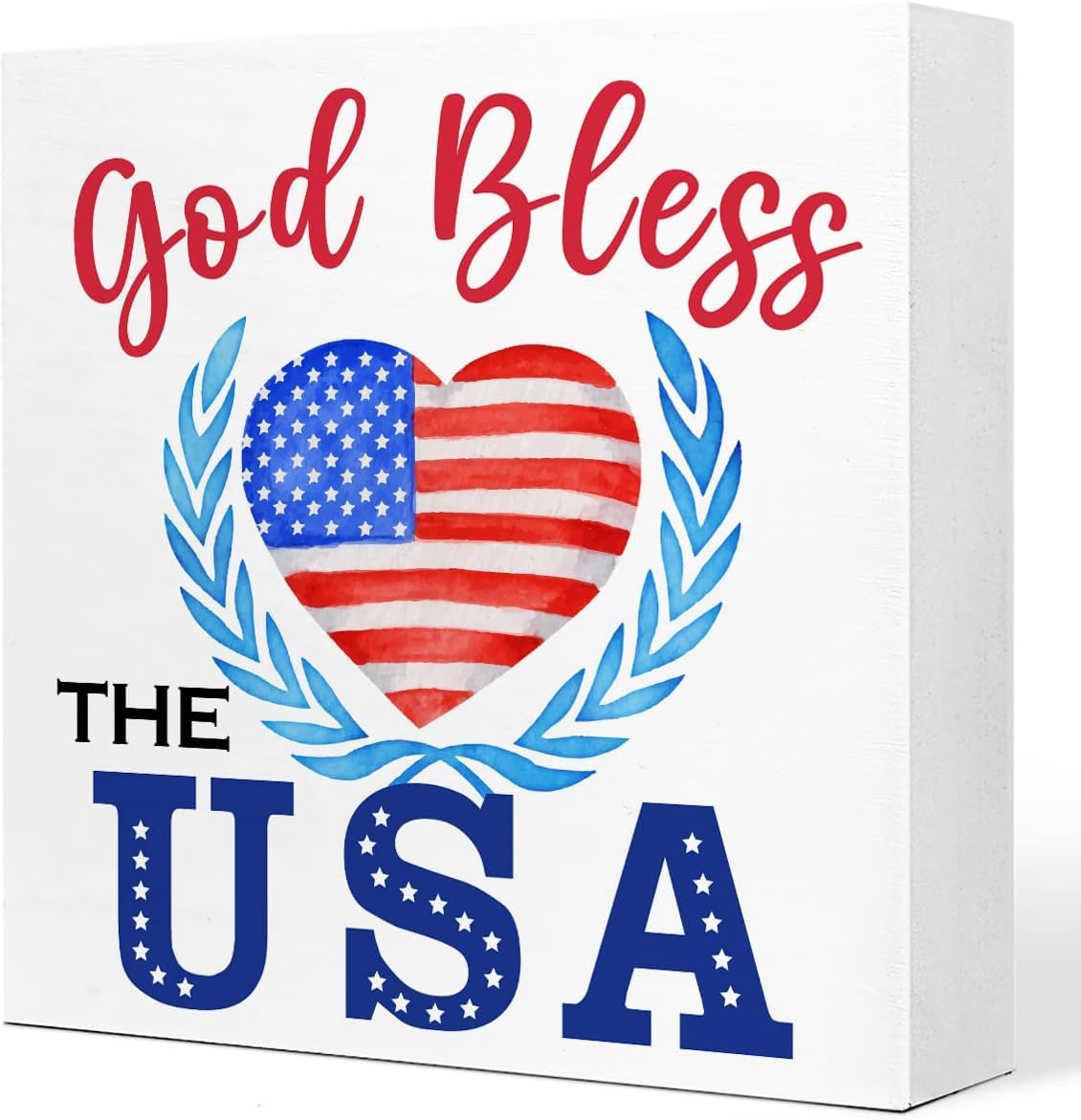 God Bless the USA Box Sign 7x7 Inch Patriotic Wooden Decor