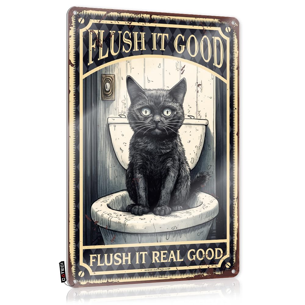 Tin Sign For Man Cave Black Cat Flush It Good It Real Tin Sign Aesthetic Decorvintage Postersroom Decor Vintagekitchen Witch Funny Sign Decor Coffee Tin Sign(30X40CM)