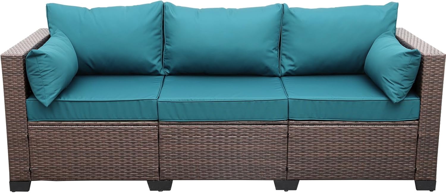 WAROOM 3-Seat Patio Sofa with PE Wicker and Cushions