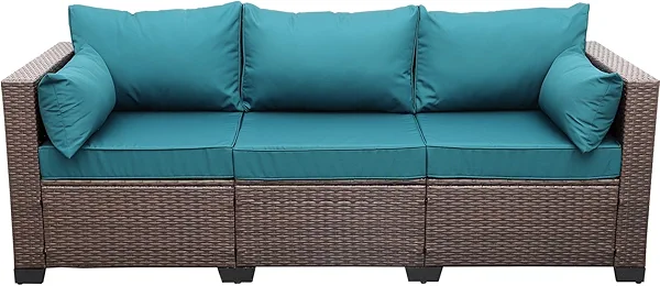 WAROOM Patio Couch PE Wicker 3-Seat Outdoor Brown Rattan Sofa Deep Seating Furniture with Non-Slip Peacock Blue Cushion