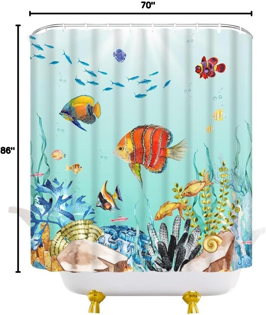 Fish Shower Curtain Tropical Marine Life Underwater World Coral Sea Animals Green Ocean Fabric Bathroom Curtain with Hooks