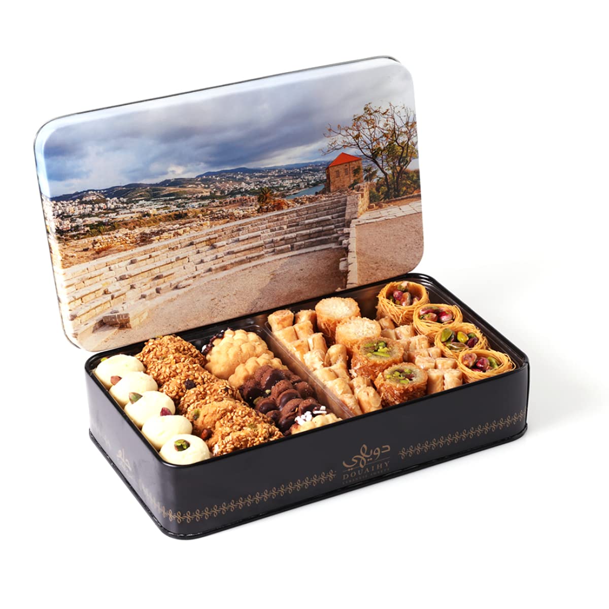 Douaihy, Byblos Collection, Assortment Of Ghoraybe, Baklava And Traditional Petits Fours, 800 Gr, 75 Pieces, Traditional Arabic Sweet, Filled With Chopped Nuts, & Sweetened With Flavored Syrup.