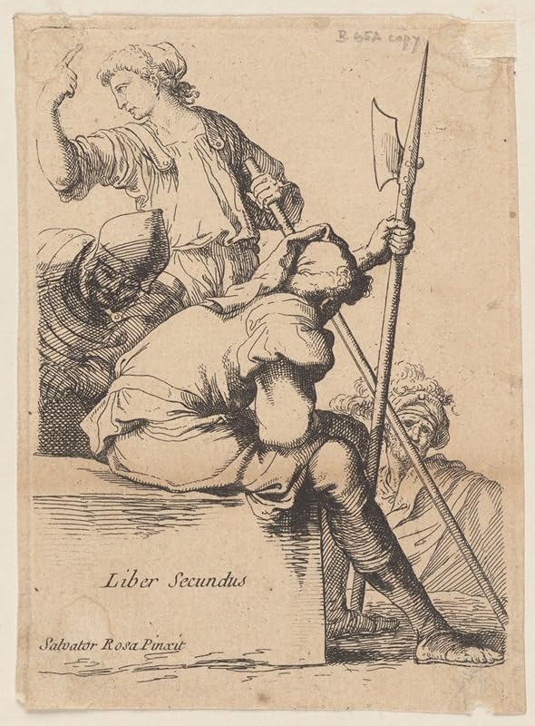 Trzech żołnierzy jeden siedzący na kwadratowym bloku kamienia (1656-1657) plakat wydruk autorstwa Salvatora Rosy (24 x 36)