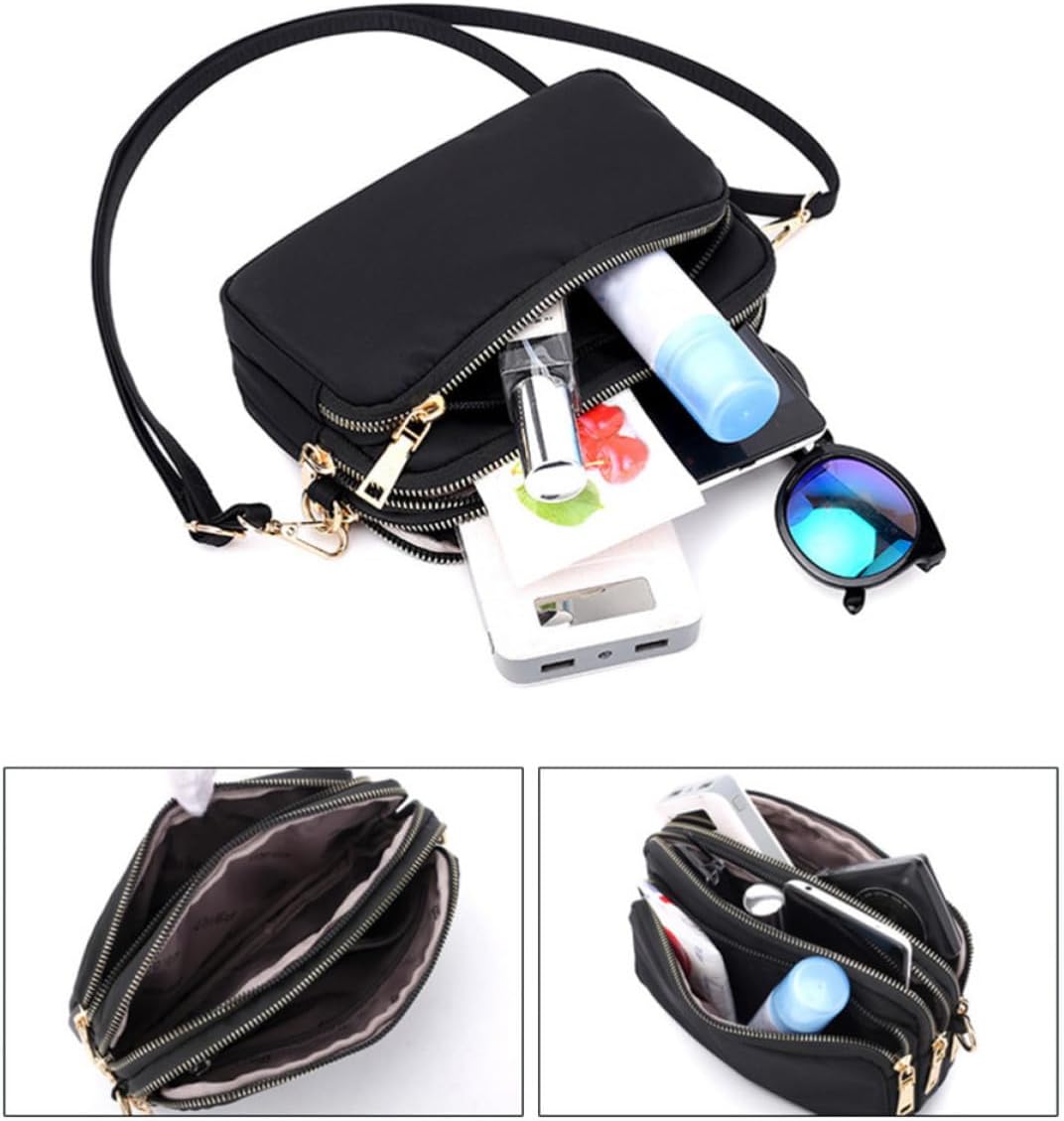 Nylon Waterproof Crossbody Bag Black Satchel Lightweight for Women