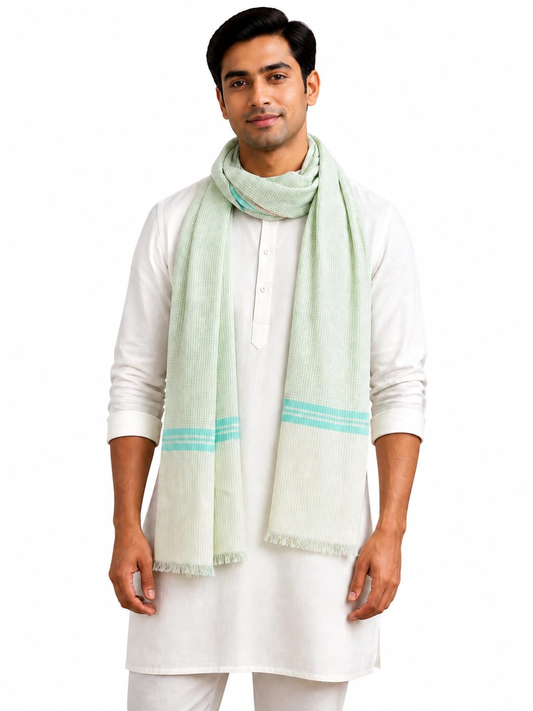 Cotton Mini Checks Multipurpose Scarf, Light Green with Turquoise Stripe Border, Fringed Ends-image-36