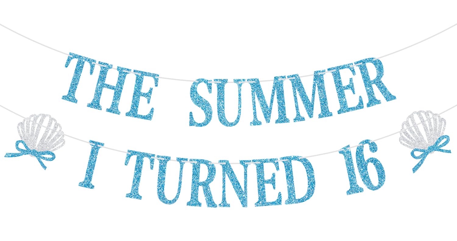 The Summer I Turned 16 Banner, Summer 16th Birthday Decorations, Ocean Beach Sea Themed 16 Years Old Birthday Party Decorations, Blue Glitter — image 1