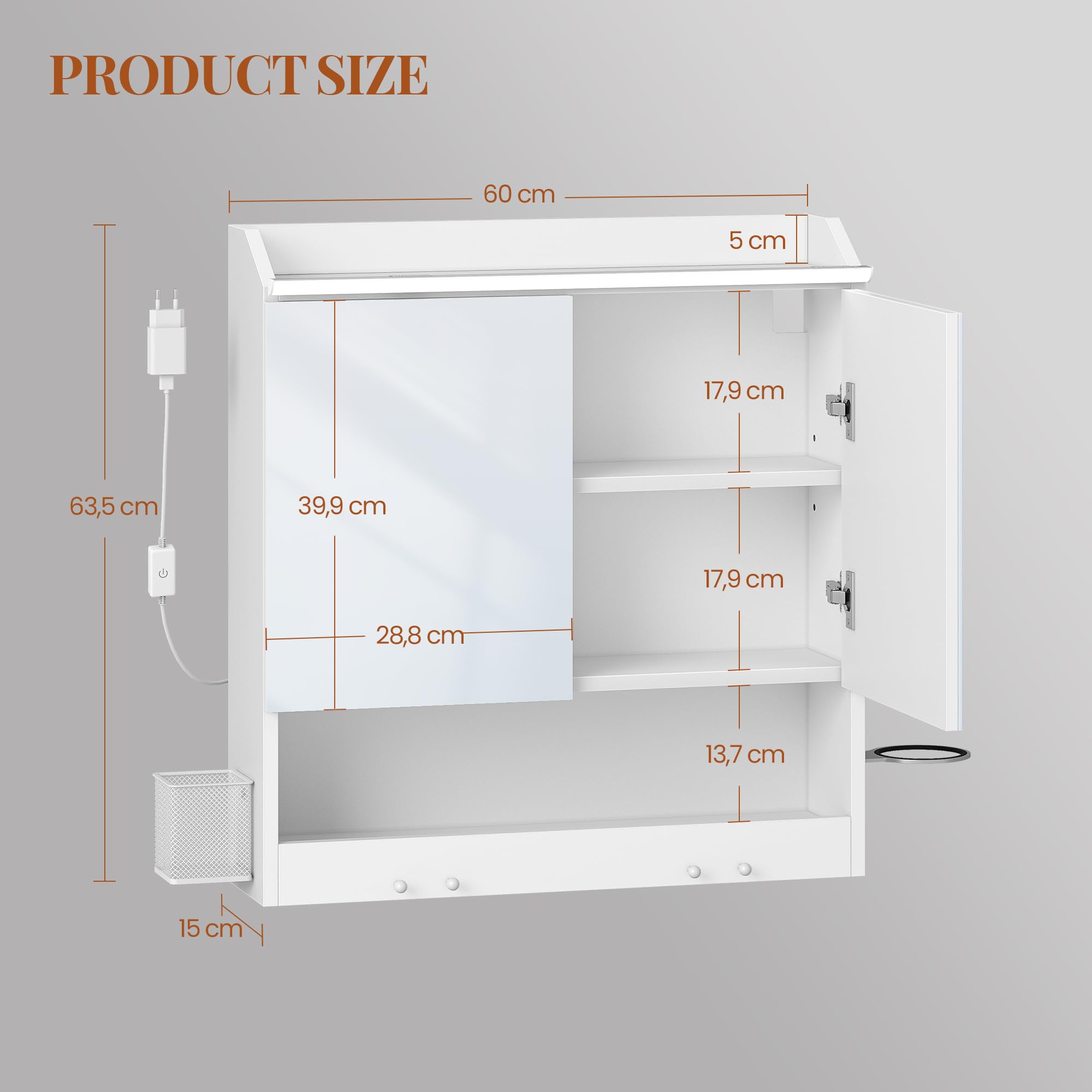 HEXCELEN 60 cm Spiegelschrank Bad, Badezimmerschrank mit Spiegel, Haken