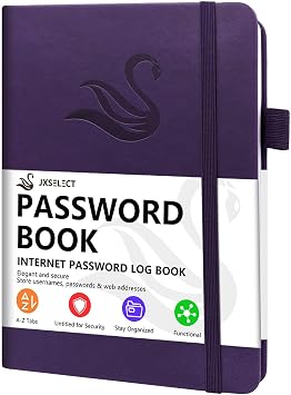 エレガントなパスワードブック アルファベット順タブ付き ハードカバーパスワードブック インターネットウェブサイトアドレスログイン用 5.2インチ x 7.6インチ パスワードキーパー オーガナイザー メモセクション&バックポケット付き パープル