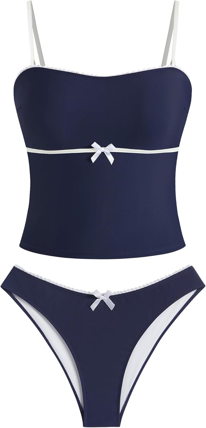 ZAFUL Tankini Swimsuits for Women Bow Tie Side Bathing Suits Tummy Control High Cut Two Piece Bikini Sets