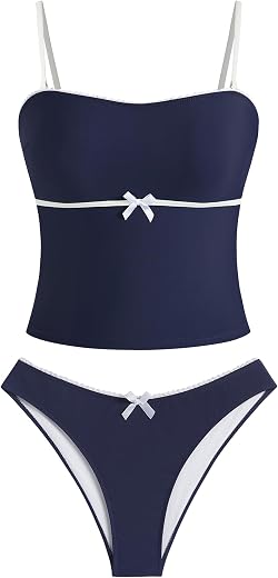 Zaful Tankini Swimsuits for Women Bow Tie Side Bathing Suits Tummy Control High Cut Two Piece Bikini Sets