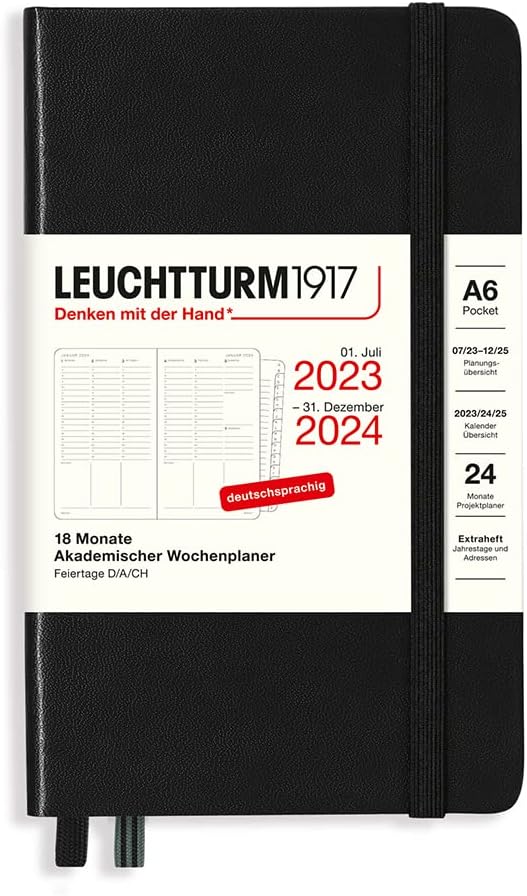 LEUCHTTURM1917 367558 Academic Weekly Planner Pocket (A6) 2024, 18 Months, Black, German