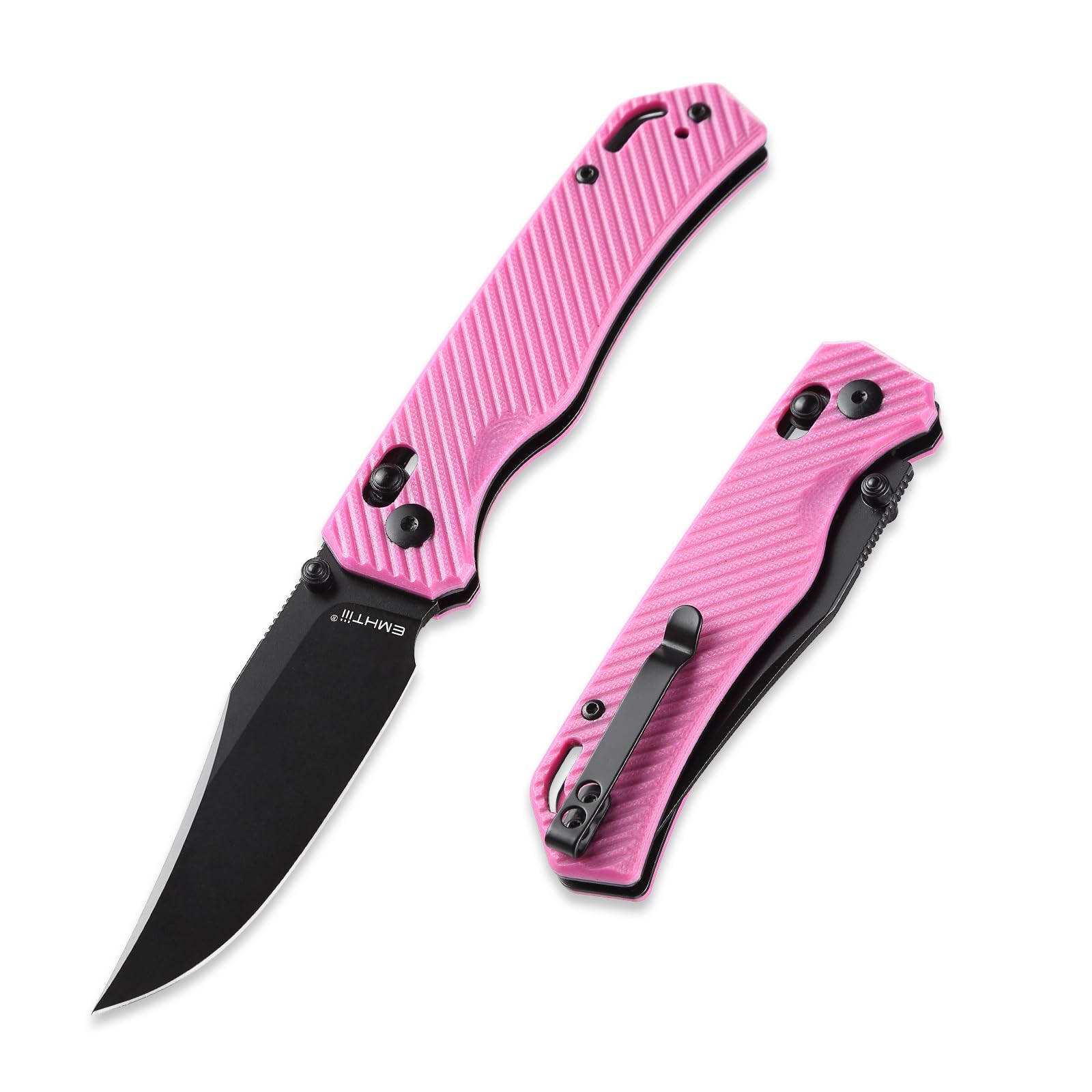 EMHTiii Folding Pocket Knife with Reversible Clip: D2 Steel Black Clip Point Blade,Thumb Stud, Crossbar Axis Lock, G10 Handle Scales, Small EDC Knives