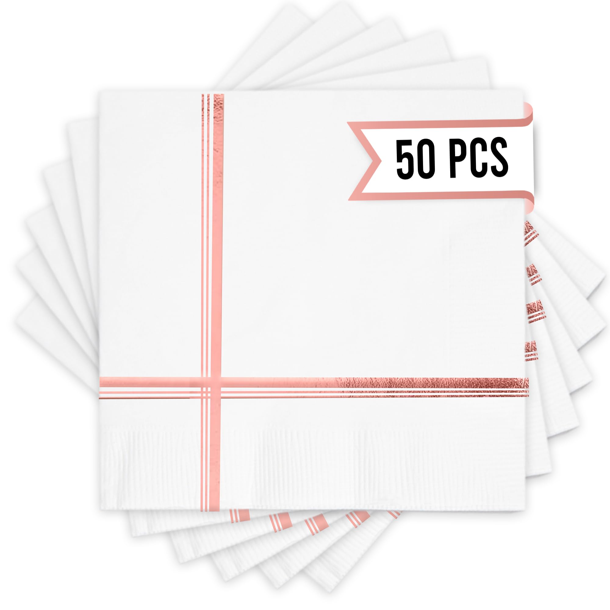 White and Rose Gold Napkins – Set of 50 Disposable 5x5 Inch Cocktail and Dessert Napkins with Gold Trim, Perfect for Wedding Parties and Events