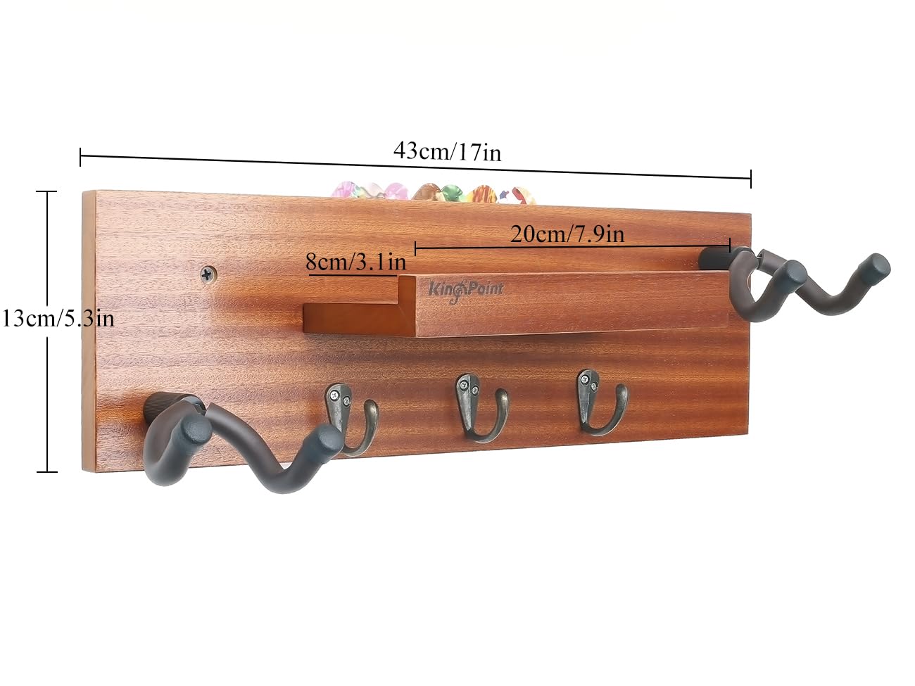 KingPoint Mensola da Parete con Gancio Supporto per Chitarra in Legno con Supporto per Plettro e 3 Ganci in Metallo per Chitarre Elettriche e Acustiche