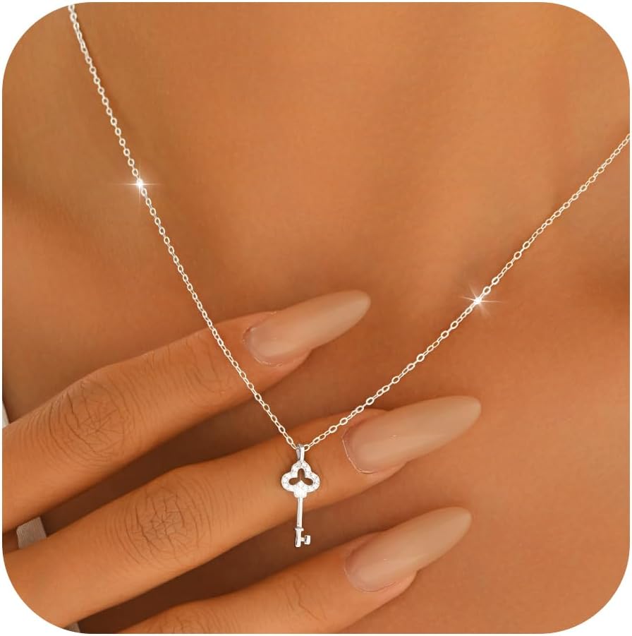 925 Sterling Silver Lucky Key Pendant Charm Necklace for Women 14K Gold Plated Petite Round Key Choker Chain Necklaces to Daughter Unlock Adjustable Necklace Meaningful Jewelry Birthday Friendship Gift