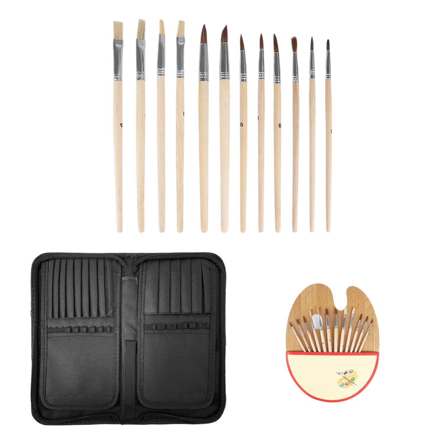 Juego de 12 pinceles con 1 paleta y 1 bolsa de almacenamiento, estuche escolar, juego de pinceles para principiantes, pinceles de aceite de registro y pinceles para estudiantes de primaria
