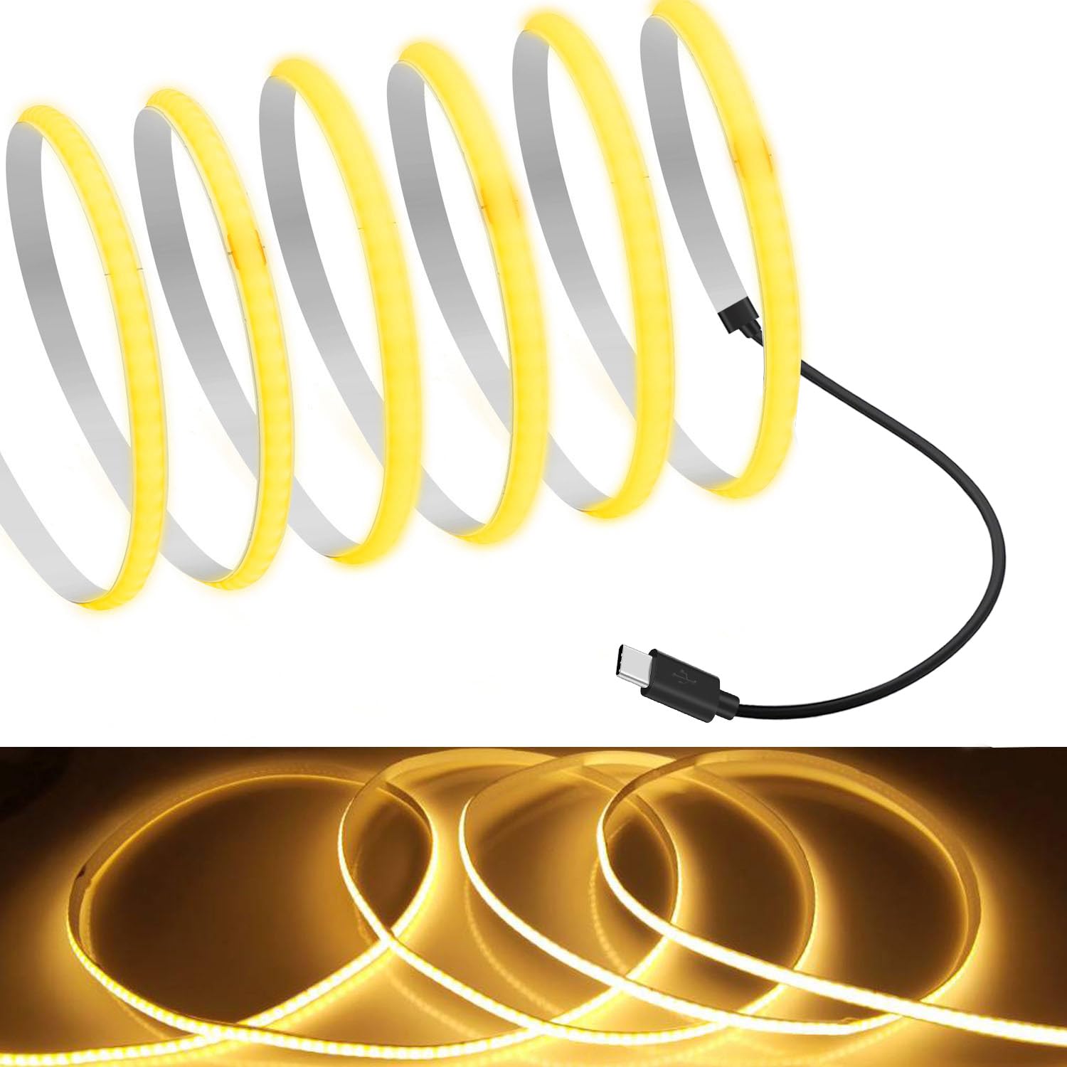 MDee】Type C COB Tape Light LED Strip.9.84ft/3m- Flexible 5mm Hidden DC 5V LED Tape with 320 LEDs/m for Warm (2700K) Lighting. Cuttable, Shapeable, Type C Powered. Ideal for Kitchen