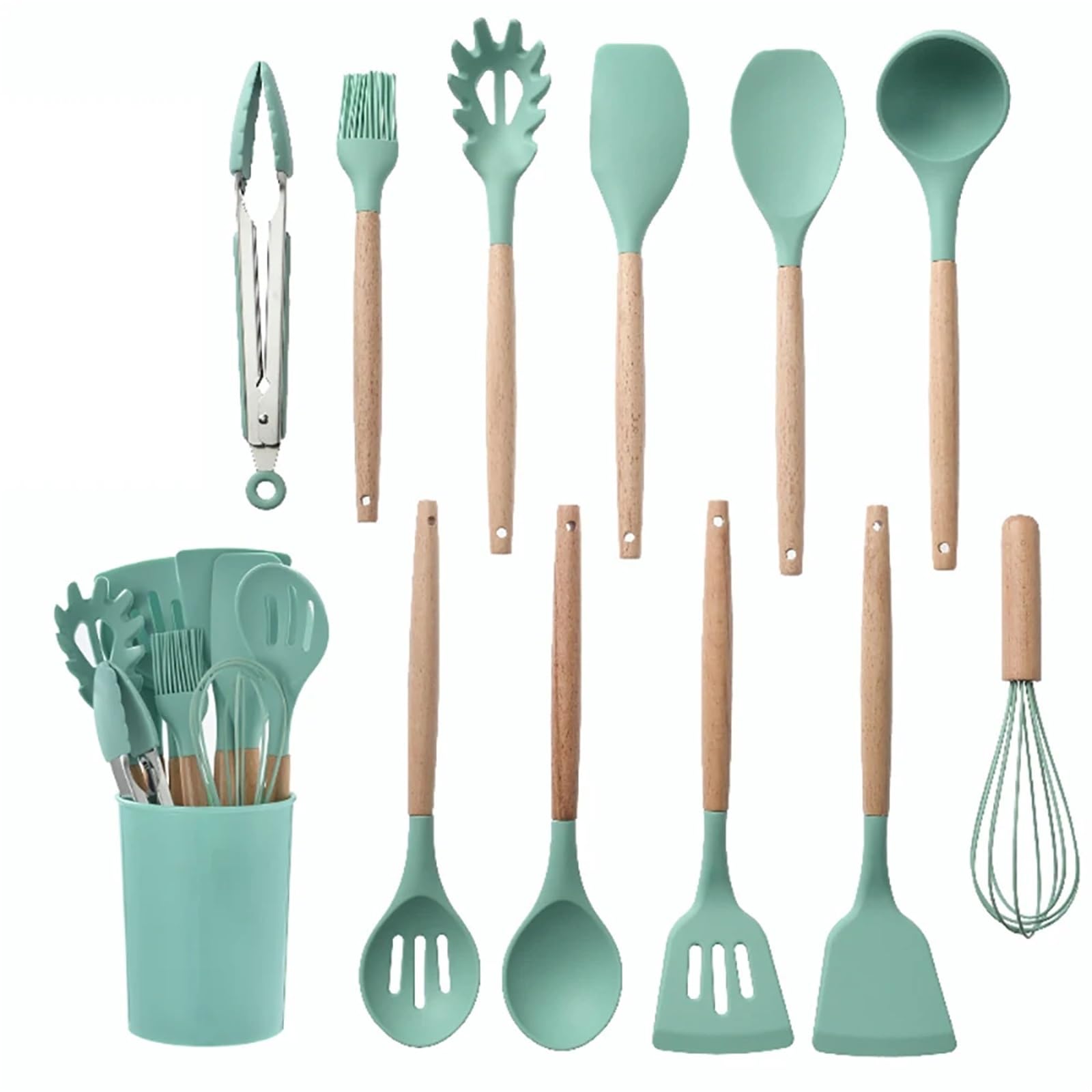 Silikon Spatel Silikon Küchengeschirr Kochutensilien Set Antihaft-Kochgeschirr Spatel Schaufel Schneebesen Holzgriff Küche Kochwerkzeug Set Zum Wenden,Servieren(Green)