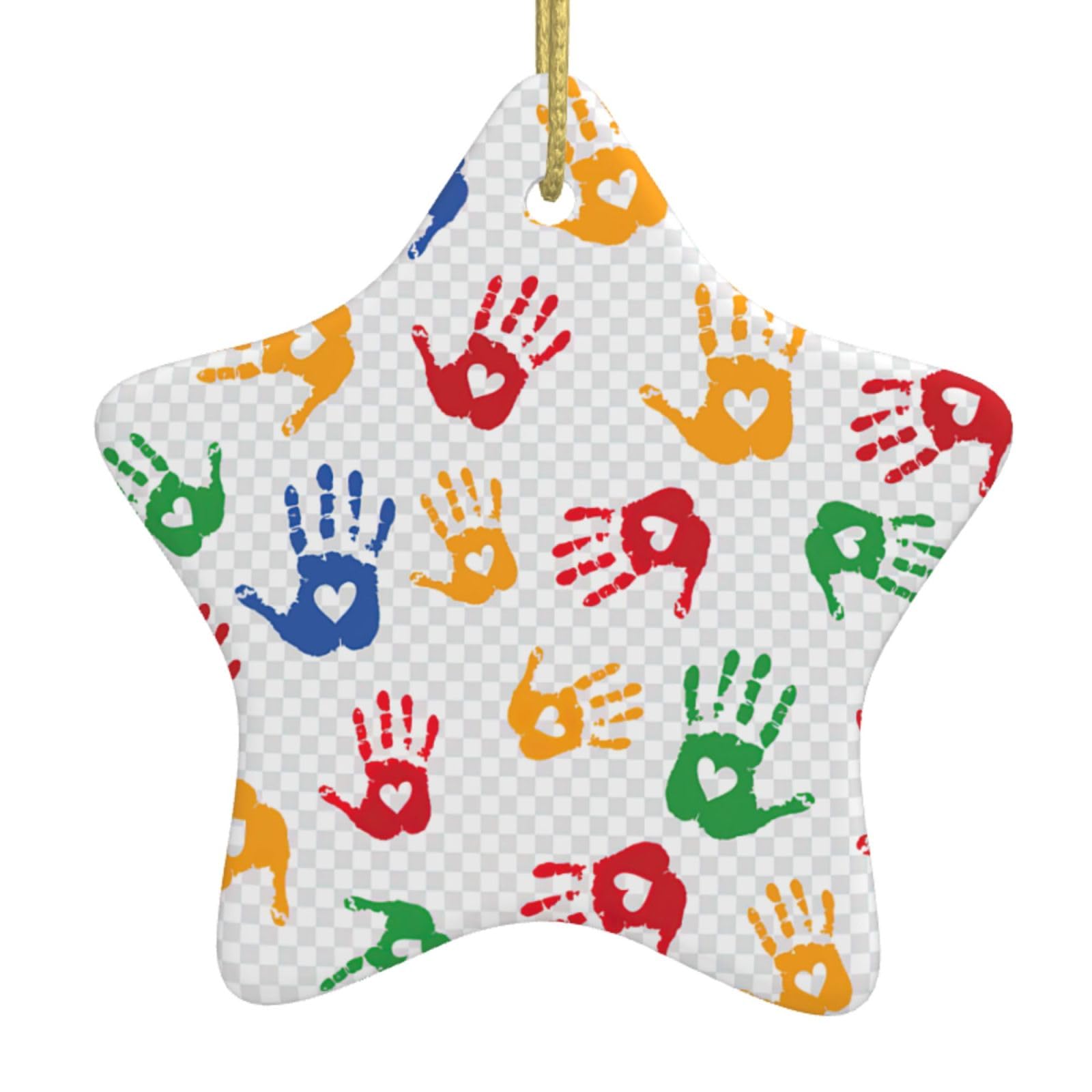 Colorful Hand Shapes Rainbow Print Christmas Ornaments, Ceramic Hanging Ornament, Round Shape Decorations