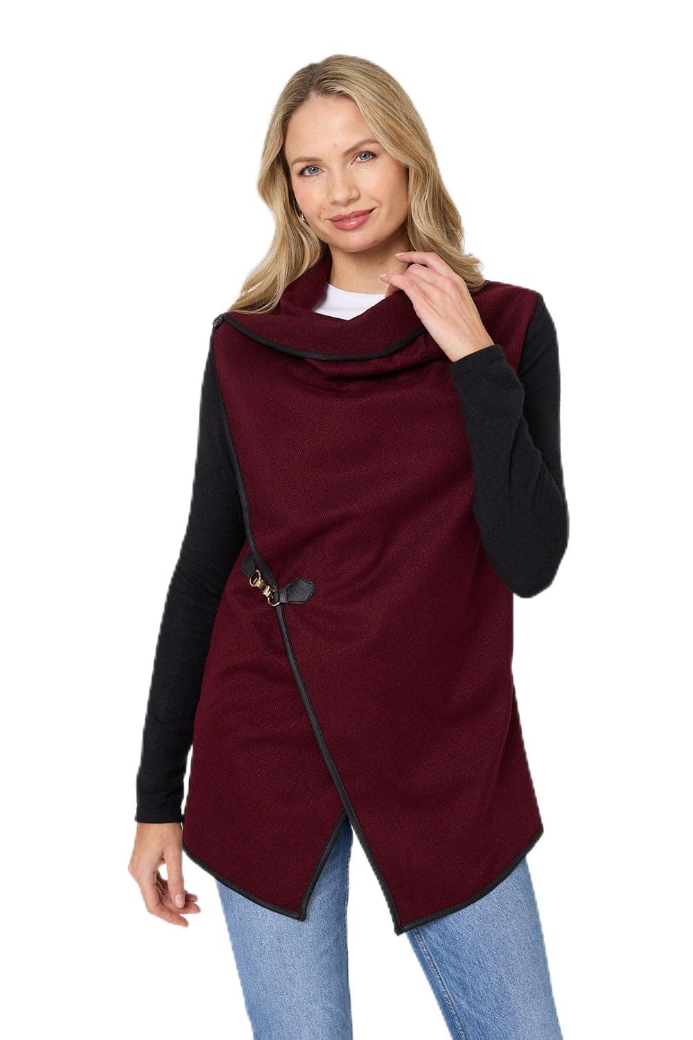 Izabel London Women's Red Asymmetric Buckle Detail Wrap Jacket For Uk With Long Sleeves And A Thigh Length Hem.