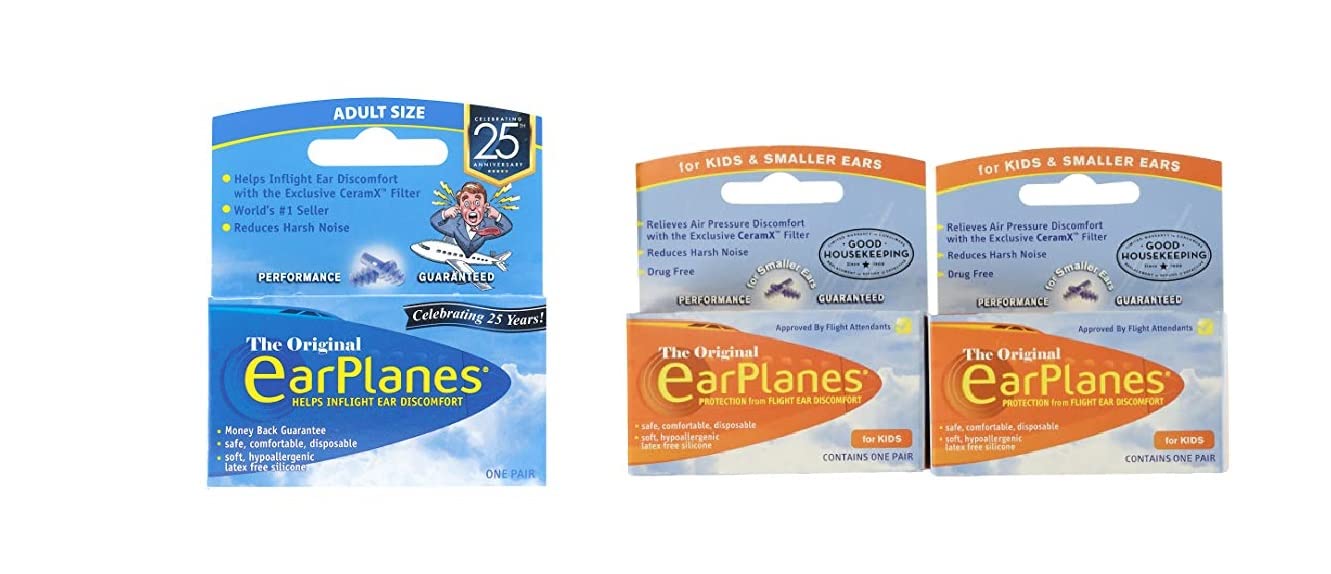 EarPlanes Combo Pack,Travel earplugs,Earplugs Airplane Travel Ear Protection,Prevent in flight ear discomfort,pressure preventing earplug for both Kids and adults (Family Pack, Adult 1 Pair + Kids 2 Pair)-image-38