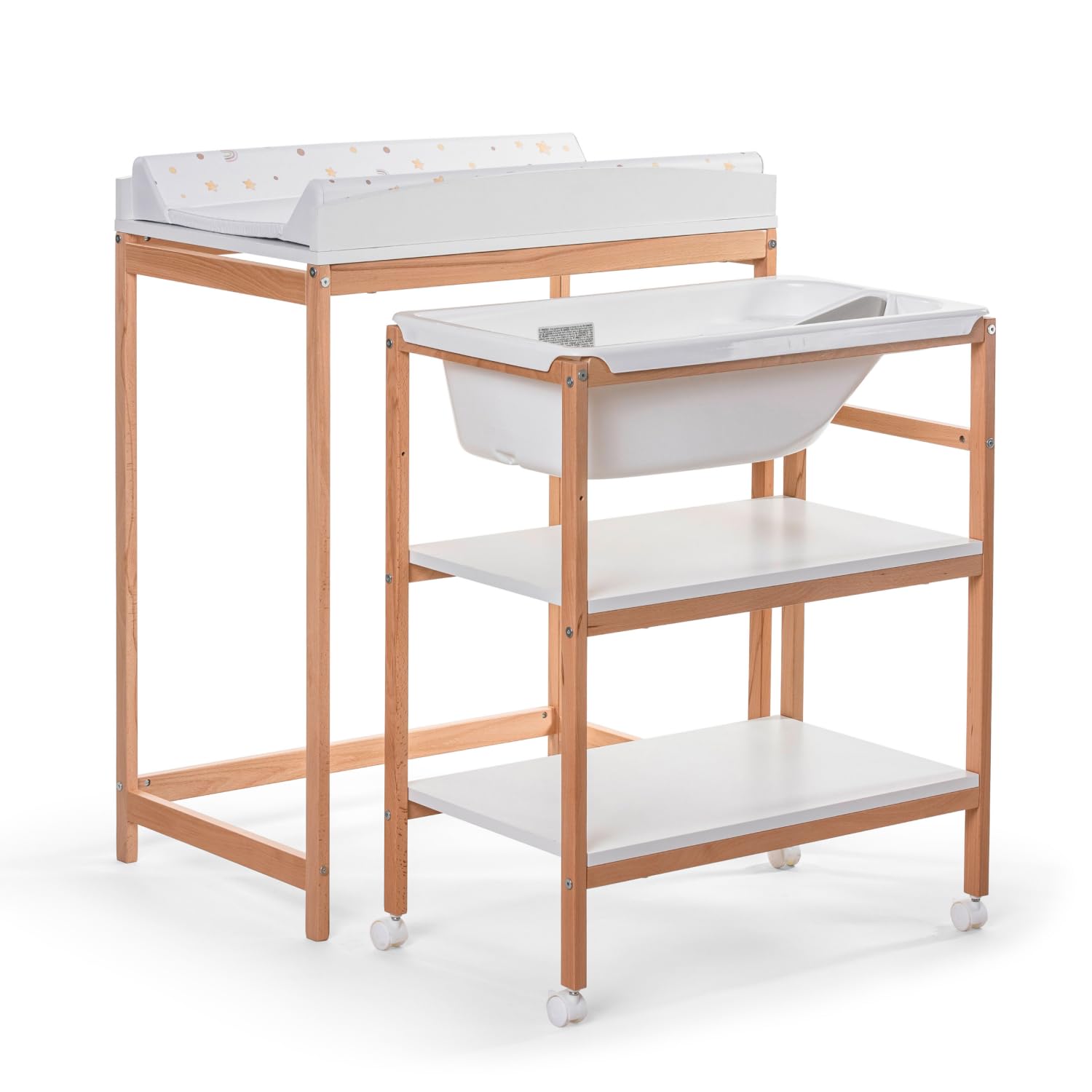 OKBABY Woody - Cambiador de madera con bañera ergonómica y ruedas, completo con cambiador suave para recién nacidos - 0-12 meses (11 kg) - Blanco