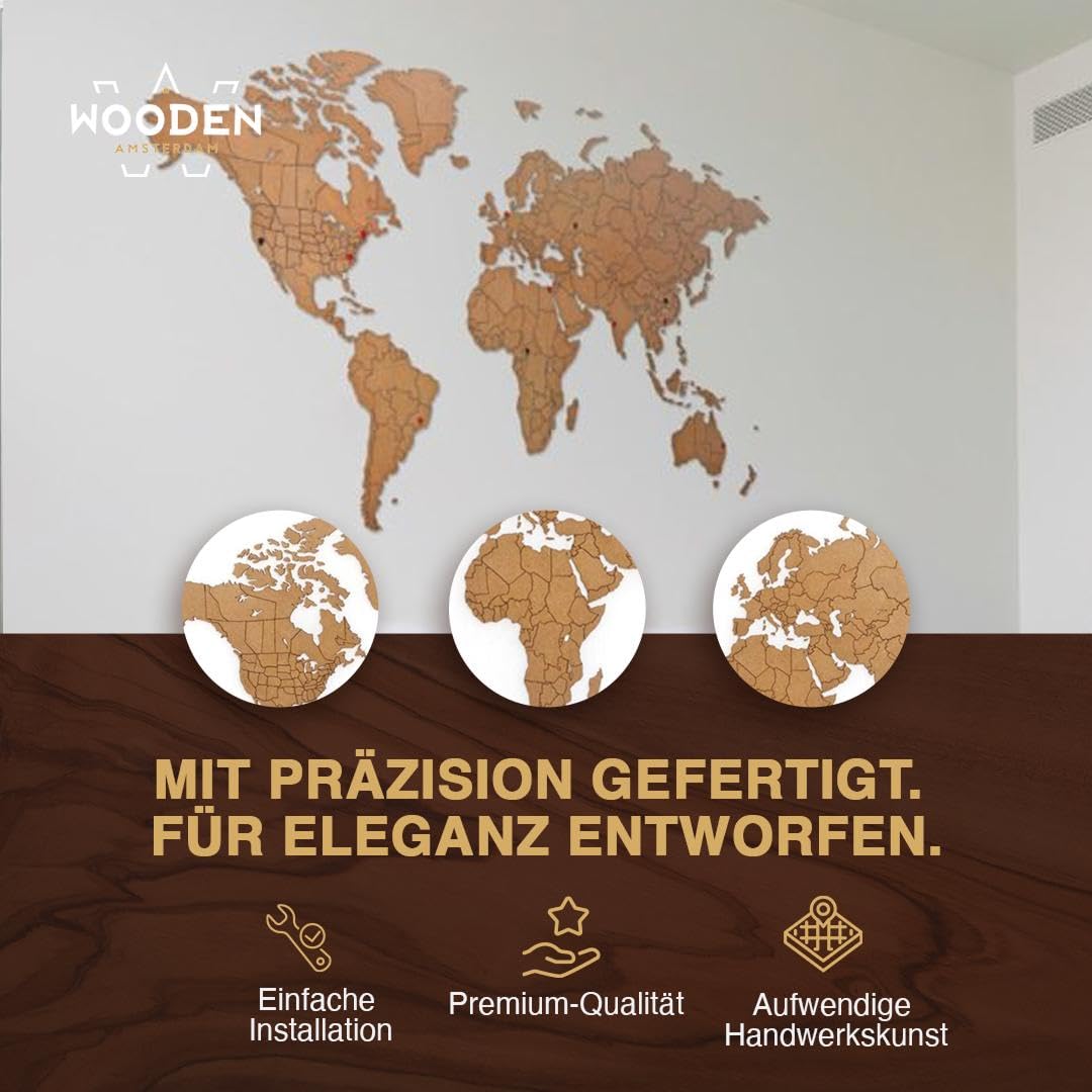 MiMi Innovations Weltkarte Holz Puzzle Braun HDF | Wanddeko | Personalisierbar mit 96 Pins | DIY Weltkarte zum Pinnen aus FSC-zertifiziertem Holz (150 x 90 cm)