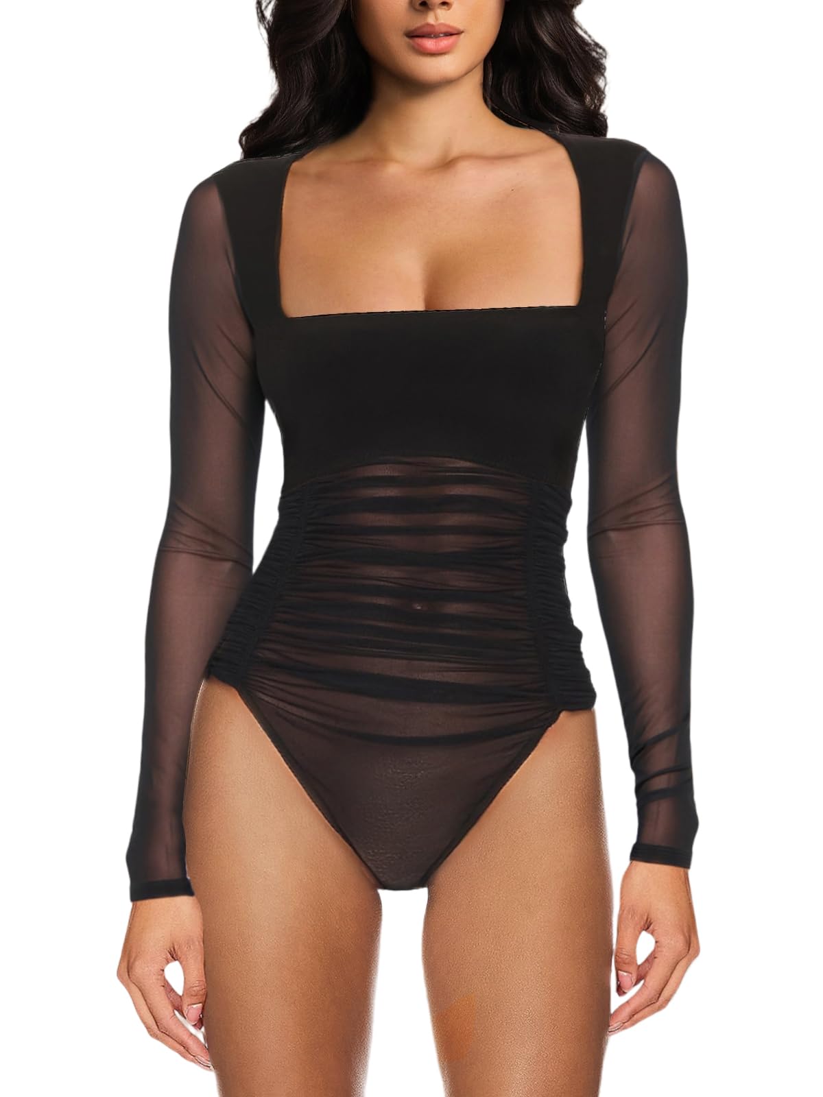 MAYFASEY Dames bodysuits sexy lange mouwen pure mesh doorzichtig jumpsuit bodysuit top turnpakje, C-zwart, L
