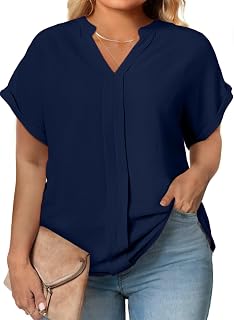 Womens Plus Size Summer Tops V Neck Short Sleeve Dressy Casual Blouse Work Shirts (1X-5X)