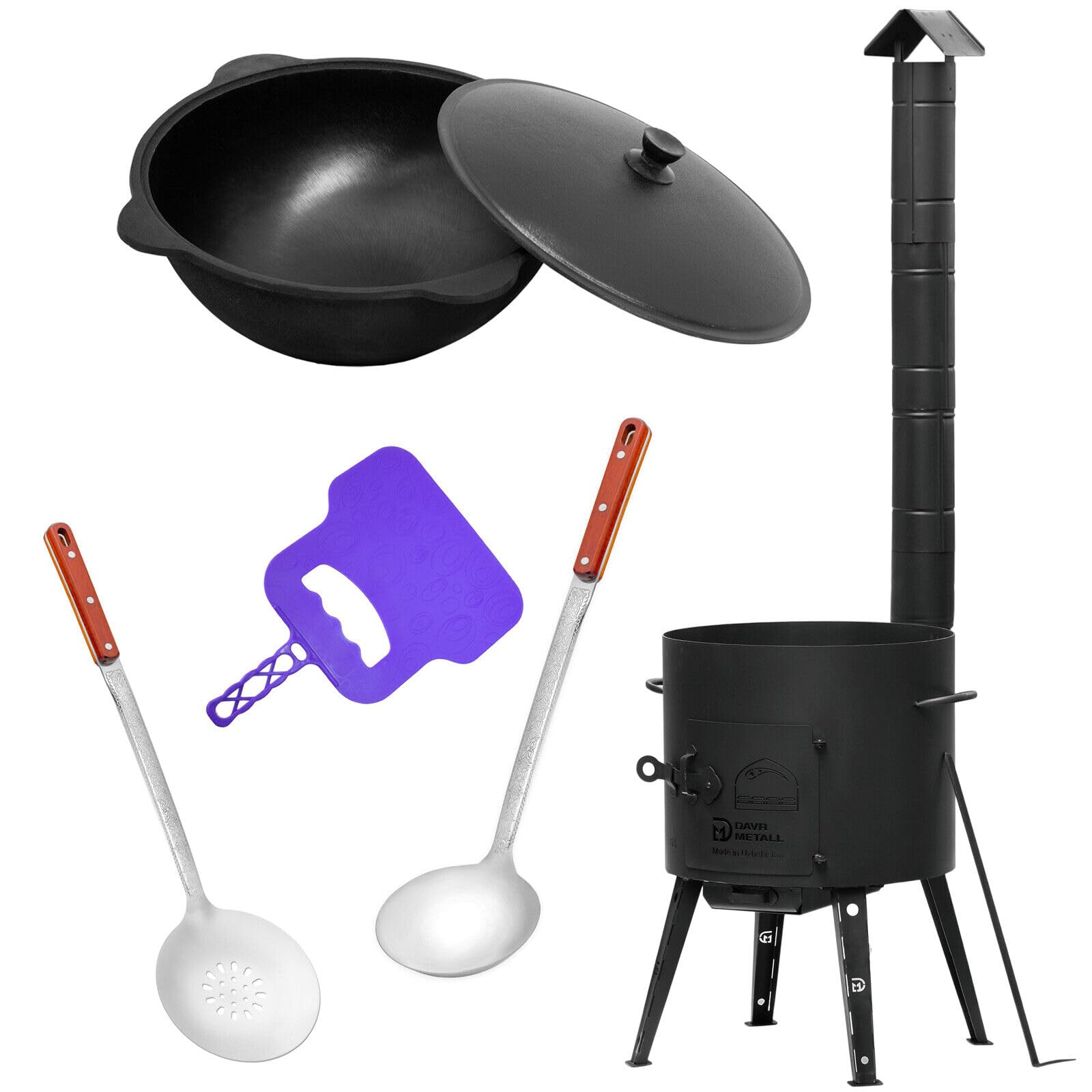 Ø44 Uchag 2mm stahl Utschak mit Abzugsrohr 16L Kazan Eben Grillfächer Schaumkelle Suppenkelle Utschak Utschag Kasan Feldküche Außenküche Eintopfofen Gulaschkanone