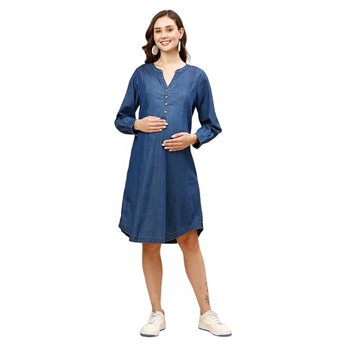 MomToBe Women's Denim Maternity Dress with Zippers for Nursing Pre and Post Pregnancy